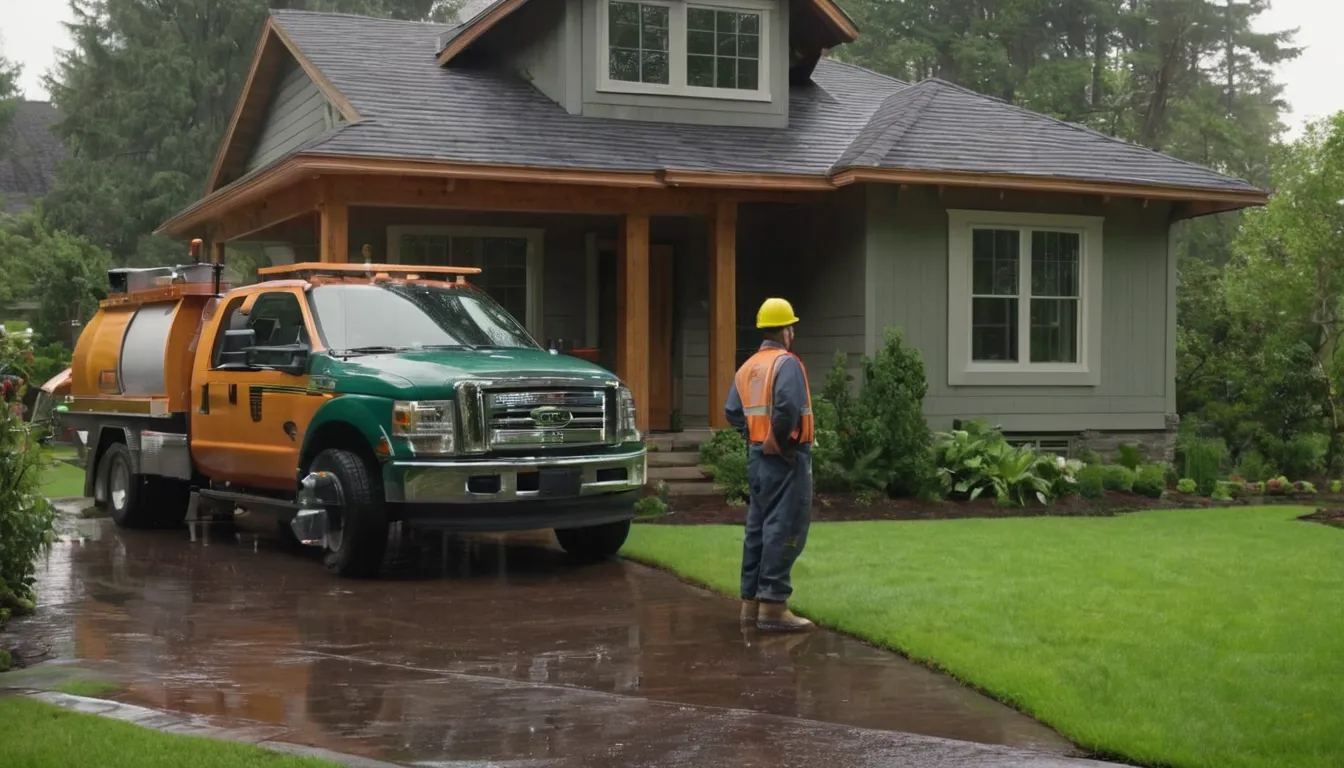 A friendly provider talking with a homeowner beside a septic access lid in a green yard near Bellevue