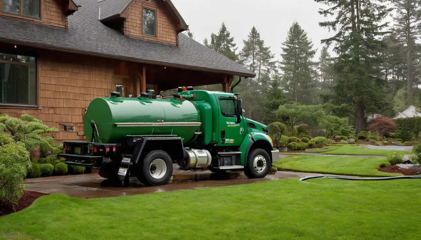 Septic service truck parked beside a wood-frame home in the Bellevue area on a damp, overcast day